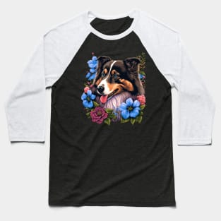 Australian Shepherd Dog and Flowers Baseball T-Shirt